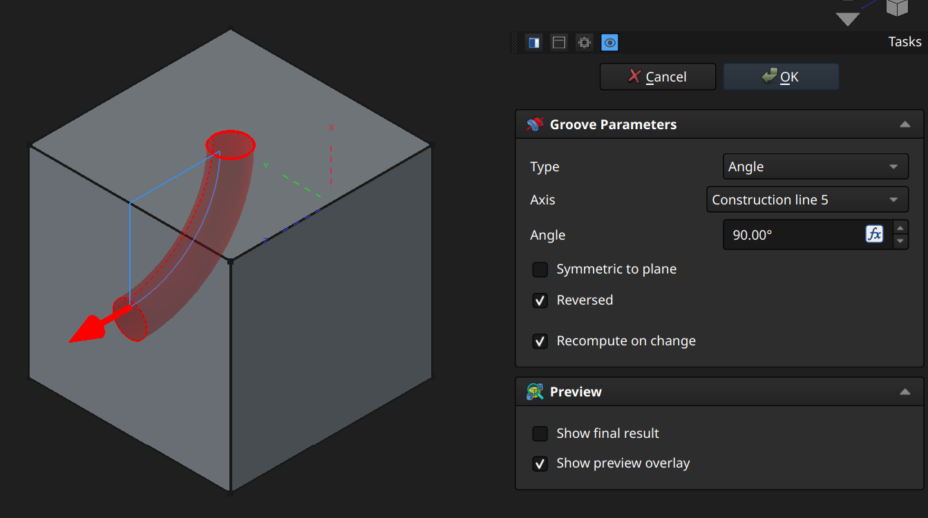 FreeCAD Part Design workbench groove example